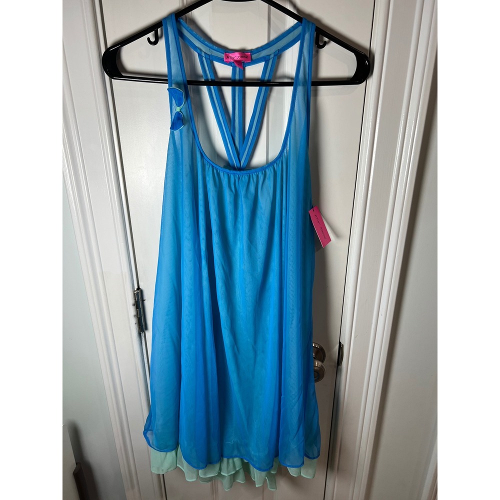 Betsey Johnson Blue Mint Tricot Sheer Babydoll Chemise 732758T L NWT
